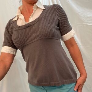 John Paul Richard, Short Sleeve Gray Sweater Shirt with Layer Look, Medium